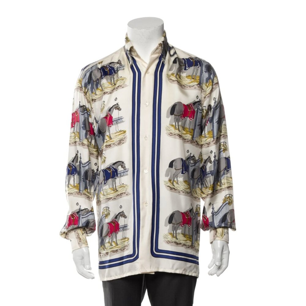 Hermes Ecuries Horse Print White Blue 37 Vintage Silk Button Shirt Small/Medium